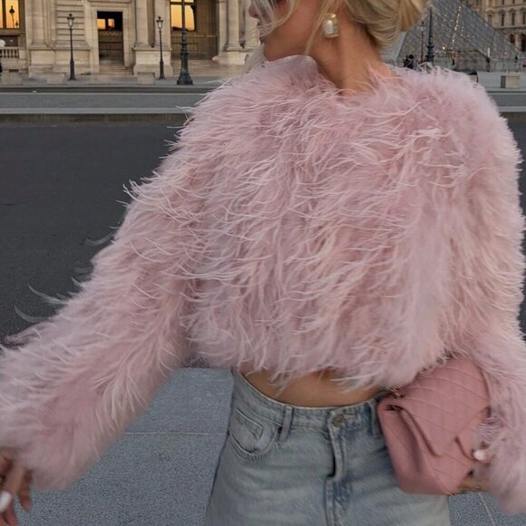 Pink Casual Women's Crew Neck Long Haired Coat - Picture 3 of 4